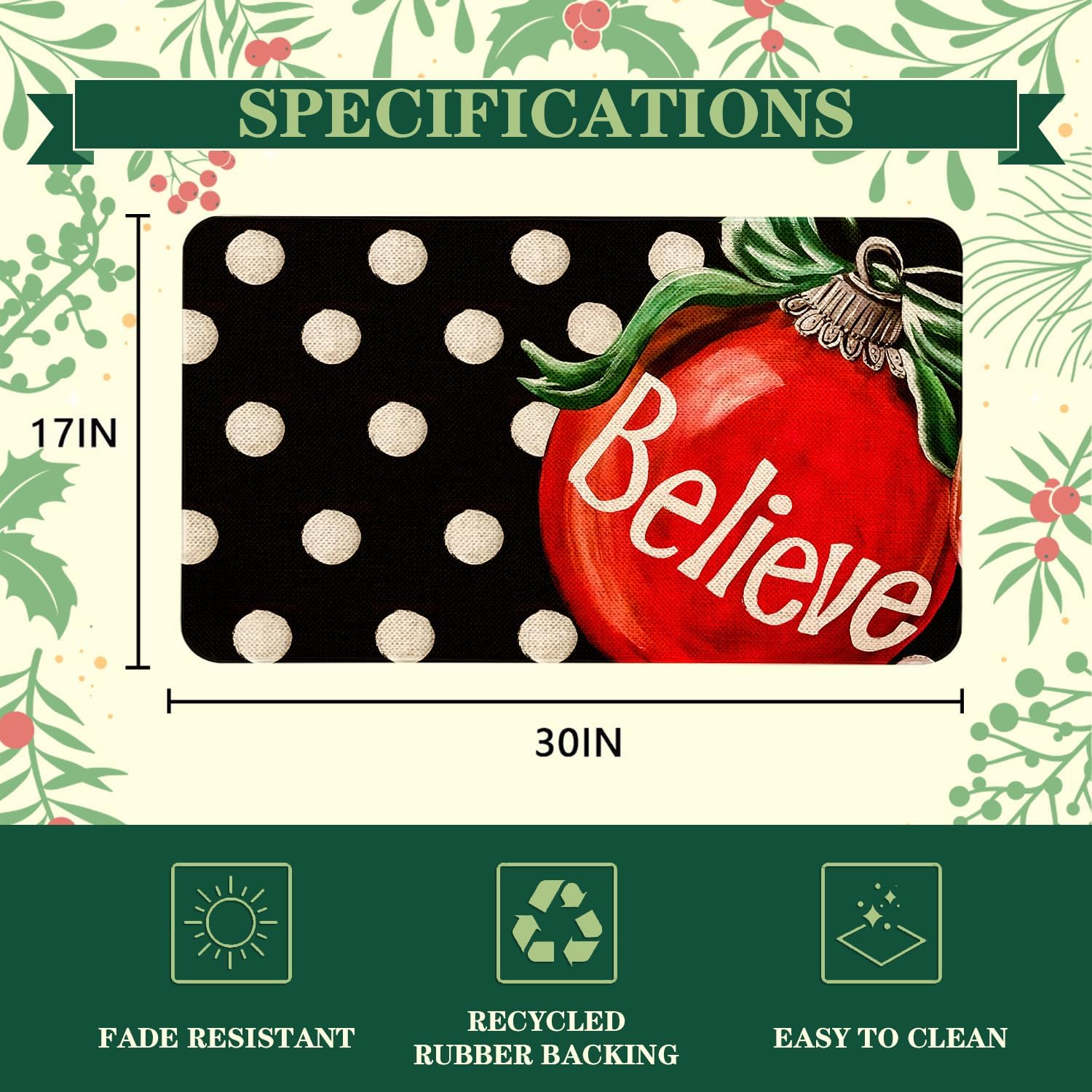 Merry Christmas Door Mat 17x29 Inch Black Believe Doormat Decorative Outdoor Winter Decoration Indoor Outdoor Entrance Floor mat, Non Slip Welcome Party Decor