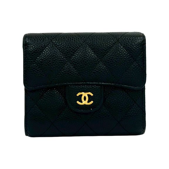 Pre-Owned CHANEL Matelasse Coco Mark Caviar Leather Tri-fold Wallet, Black, 64570 (Good)