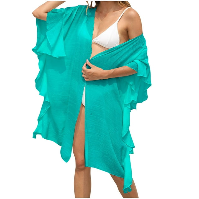 Plebaso Womens Bathing Suit Cover up Ruffle Short Sleeve Bikini Coverup Open Front Beach Flowy Cardigan