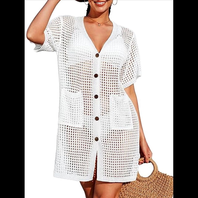 Vestido de Crochet con Botones y Abertura Lateral para Mujer, Traje de Baño con Bolsillos. M