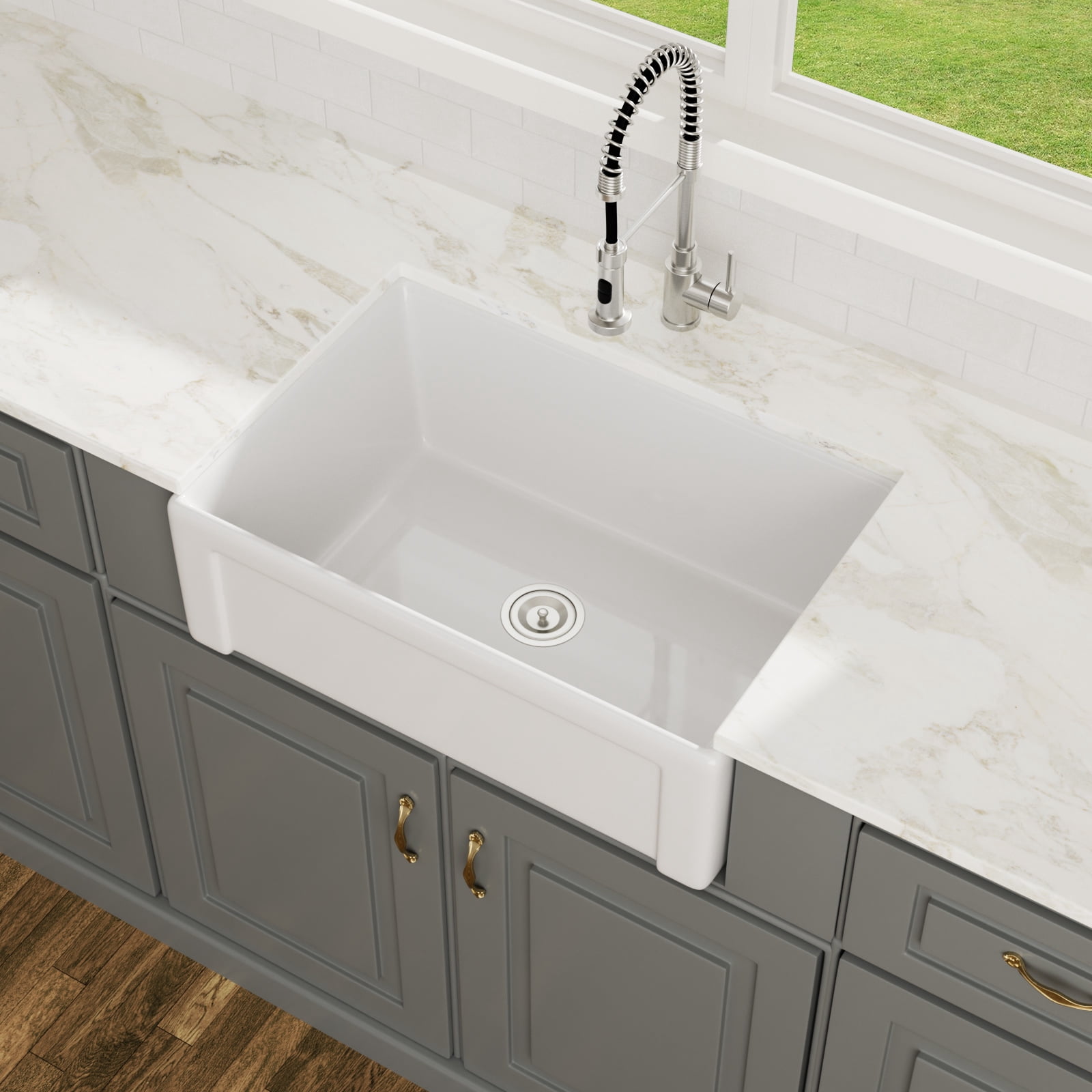 30"x 20" Rectangular Fireclay/Creamic Single Bowl Farmhouse Apron Kitchen Sink with Bottom Grid and Drain Strainer