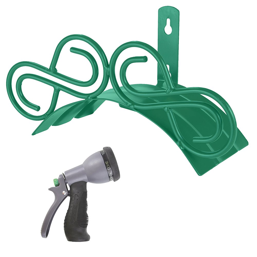 Green Decorative Garden Hose Holder. Wall Mount Hanger Including Spray