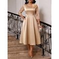 thumbnail image 3 of Khaki Womens Elegant Floral Appliqué Midi Dress With Sheer 3/4 Sleeves And A-Line Skirt For Wedding Cocktail, 3 of 7