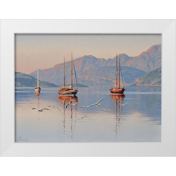 Adamov, Alexey 24x19 White Modern Wood Framed Museum Art Print Titled - Yacht and Seagulls