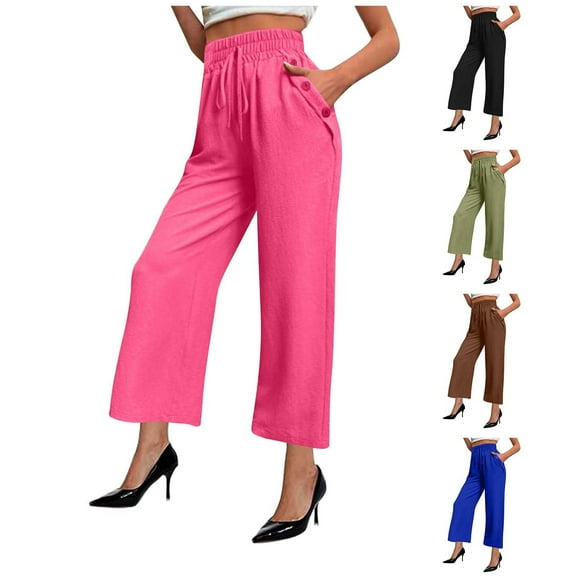 Olyvenn Fashion Cotton Linen Wide Leg Pants Women Casual Palazzo High Waist Flowy Trousers Lounge Summer Drawstring Pant with Pockets Blue XXL