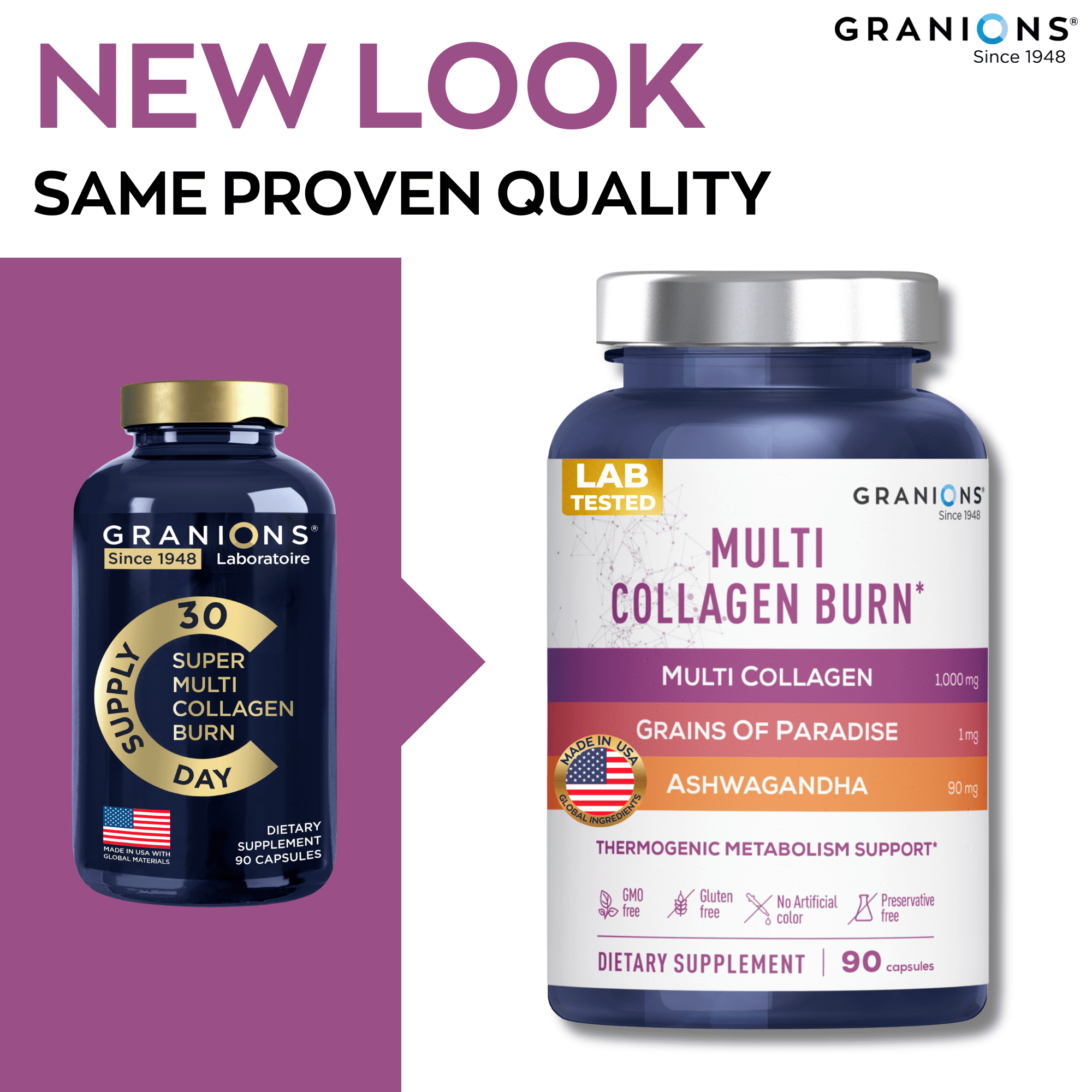 Granions Thermogenic Hydrolyzed Collagen Burn - Hyaluronic Acid, Vitamin C - Cellulite Defense and Dermal Repair Multi Collagen Peptides Capsules for Women and Men - 90 Pills