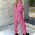 thumbnail image 4 of QUYUON Women's 2 Piece Outfits Women Fall Casual Solid V Neck Long Sleeve Pullover Tops and Wide Leg Pants Sets Two Piece Lounge Set Sweatsuit Sweater Sets Pajamas Loungewear B-Hot Pink 3XL, 4 of 7