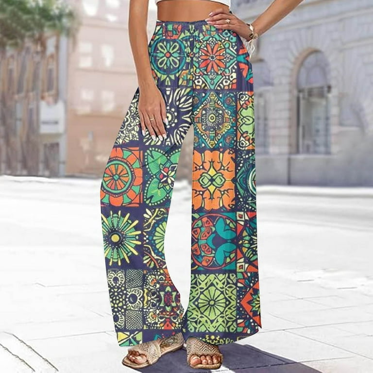 パンツ TOOMUCHTAX PRINTED WAFFLE PANTS TMOYZQ Palazzo Pants for Women 2025, Elastic High Waisted Boho