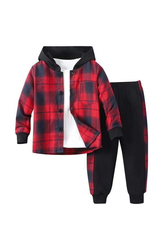 Toddler Baby Boy Plaid Hoodie Outfits Color Block Long Sleeve Plaid Hoodie Sweatshirts Jogger Pants Sweatpants with Pockets Clothes Plaid Hoodie Set Boys Fall Winter 2Pcs(Red,7 Years)