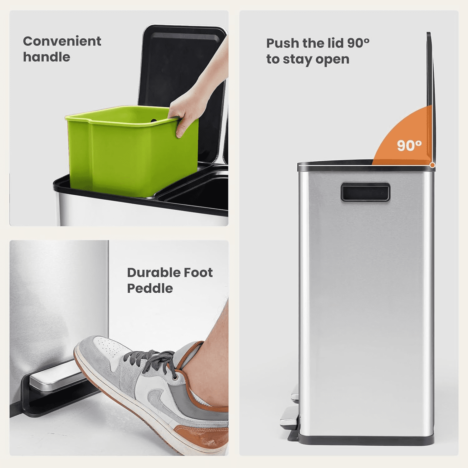 EDX 2 x 8.3 Gallon Dual Garbage Recycle Trash Can with Lid, Inner Buckets for Kitchen, Stainless Steel, Sliver