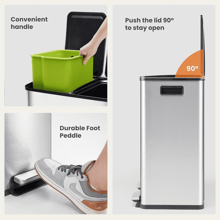 EDX 2 x 8.3 Gallon Dual Garbage Recycle Trash Can with Lid, Inner