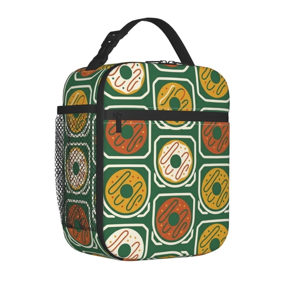 Donut Lunch Bag Insulated Reusable Cooler Tote Portable Meal Prep Bag Side Mesh Pocket Work Office Picnic Travel Daily Use Lightweight Zippered Organizer