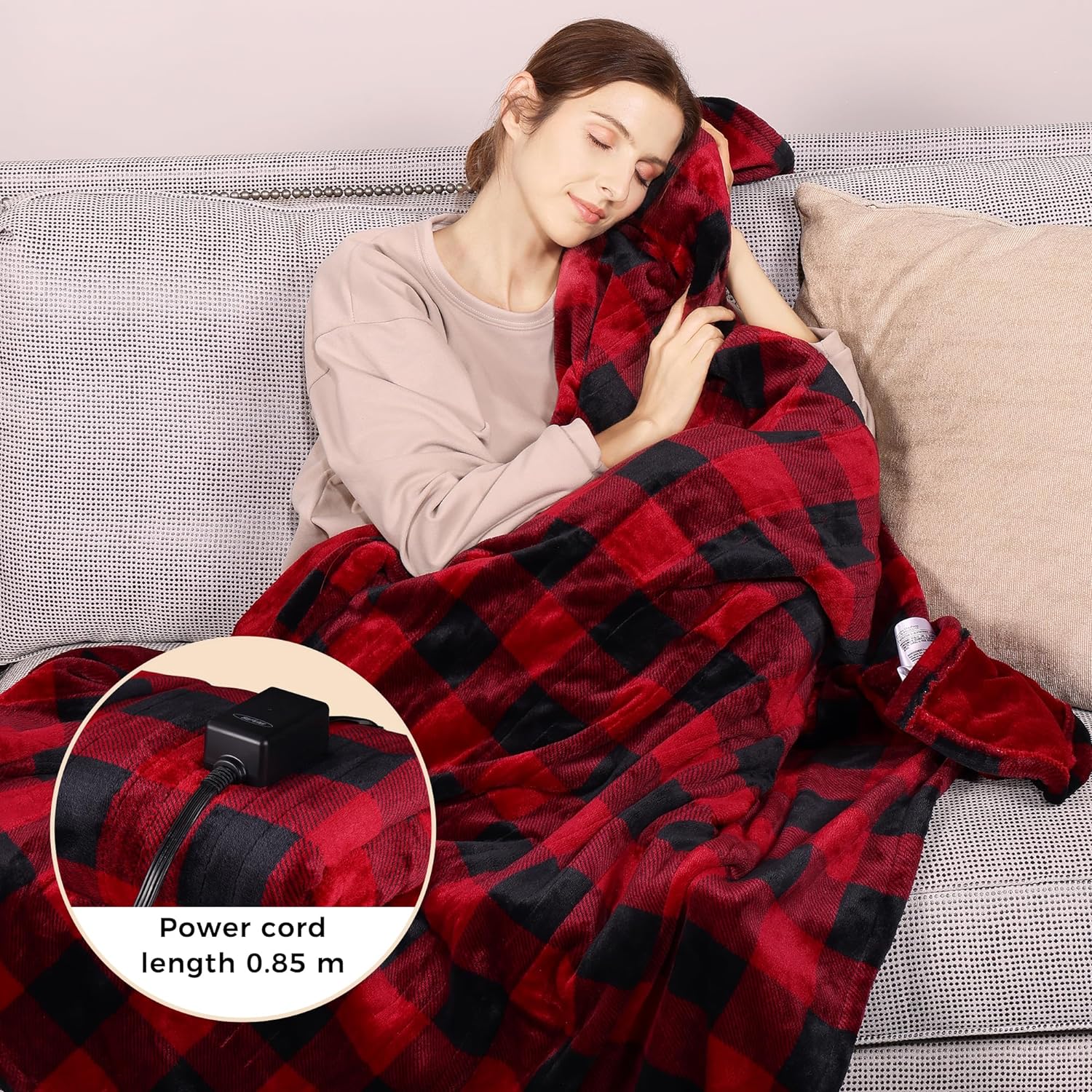 CozyHom Heated Throw 50" x 60", Electric Blanket Double-Layer Flannel with 4 Heating Settings, 4 Hours Auto Off, 5 Years Warranty, ETL Certified, Machine Washable, Black & Red