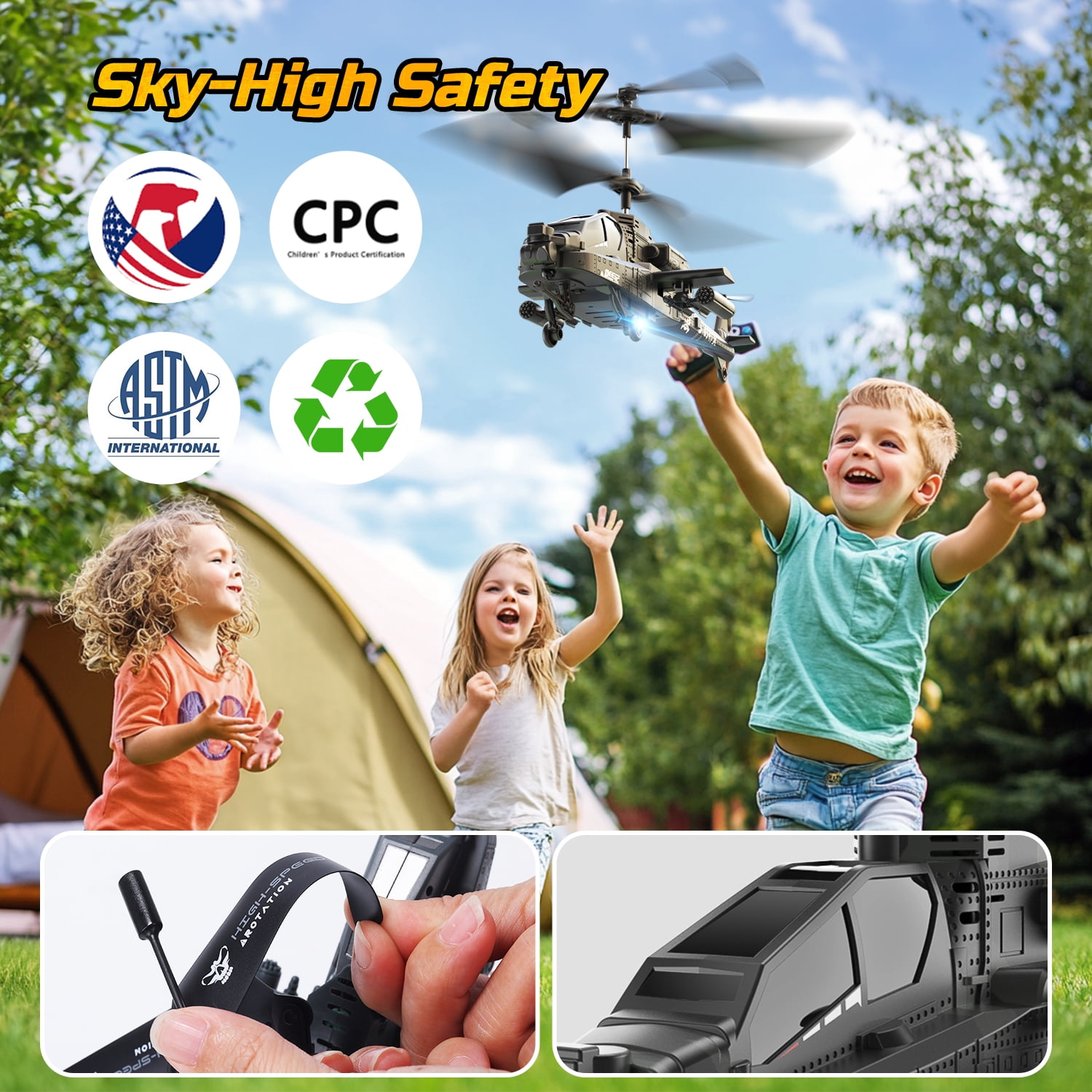 DEERC Apache RC Helicopter for Kids & Adults, Military Remote Control Helicopter Toy with LED Lights, 2 Batteries & USB-C Charging, 26 Mins Flight, Altitude Hold, Gift for Boys Ages 8-12