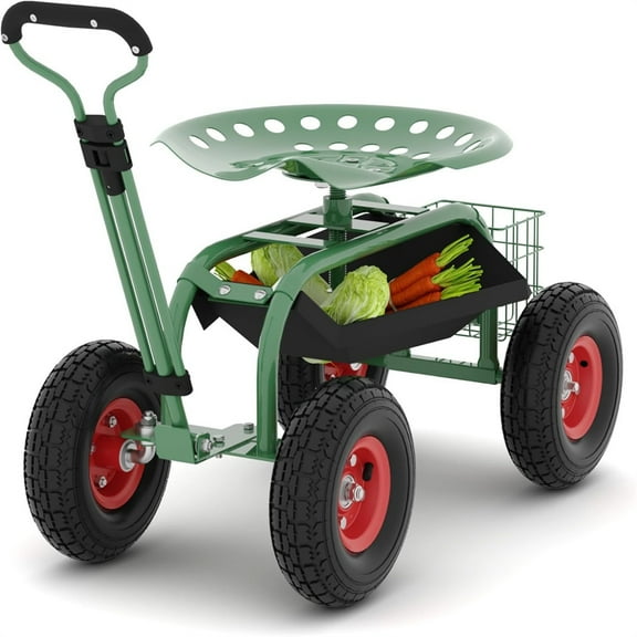 Garden Rolling Gardening Cart – Adjustable Mobile Seat with 360° Swivel & All-Terrain Wheels – Heavy-Duty Steel Frame, Foldable Tool Tray for Effortless Planting, Weeding, and Outdoor Projects