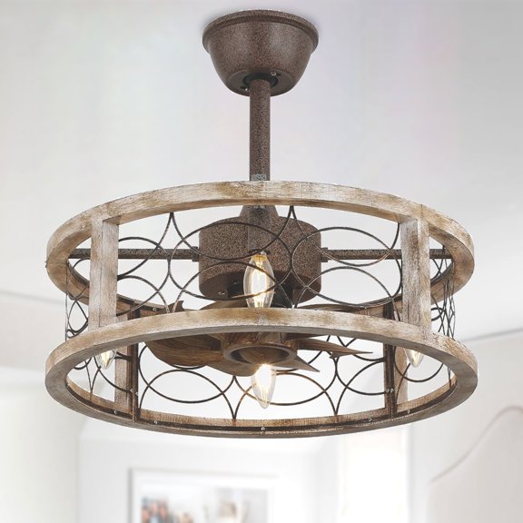 Cusp Barn 18 Inch Farmhouse Ceiling Fan, Weathered Wood Finish, Rustic Fandelier with Remote Control