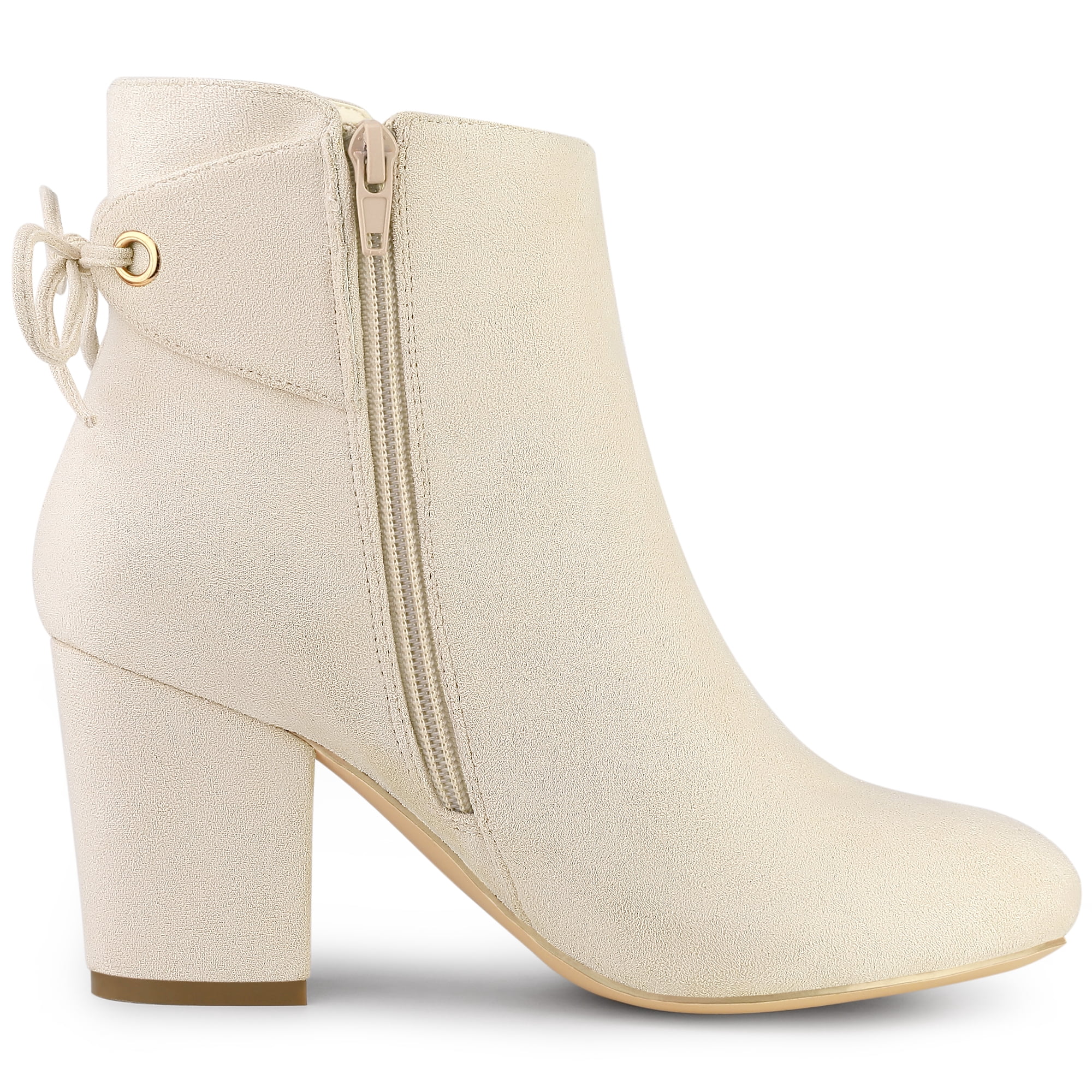 Unique Bargains Women's Round Toe Block Heel Back Zipper Ankle Boots Cream 10