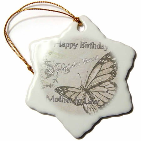 3dRose Image of Happy Birthday Worlds Best Mother In Law Butterfly Antique - Snowflake Ornament,