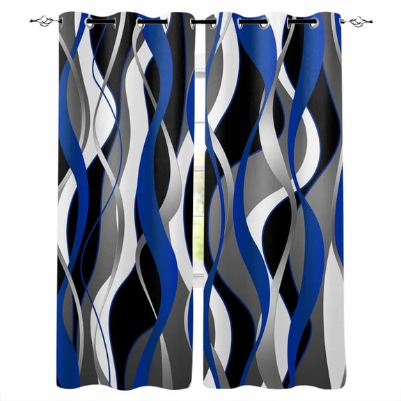 Blue Black Stripes Blackout Curtains for Bedroom/Living Room, Thermal Insulated Kitchen Curtains, Modern Abstract Ombre Grey White Lines Grommet Darkening Window Treatment Drapes 52"x63"x2