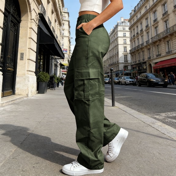 Simua Women's Wide Leg Cargo Pants Flowy Casual Trendy Pants Straight Leg High Waist Stretch Palazzo Pants with 6 Pockets