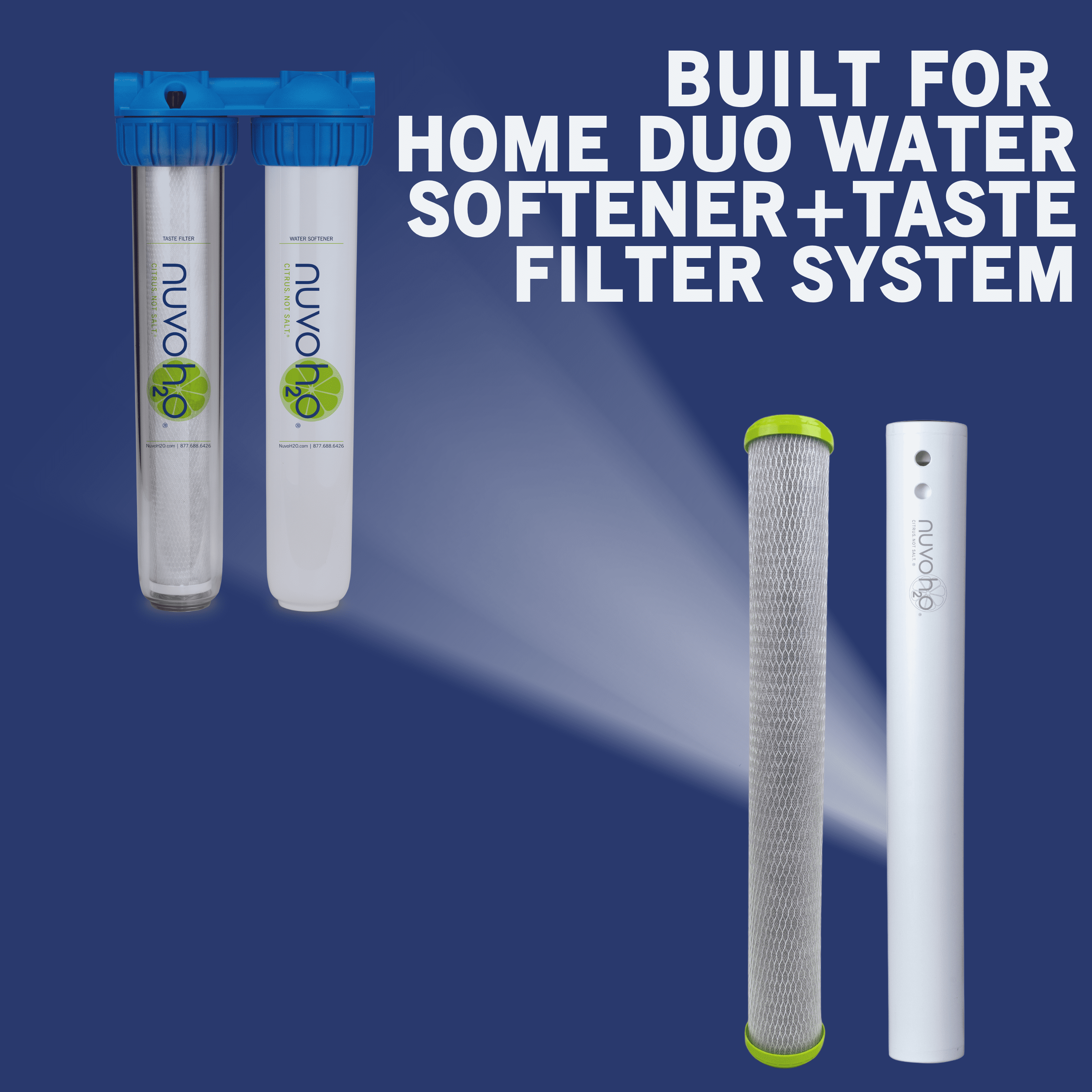 NuvoH2O Replacement Cartridge for Home Duo System, 2-Stage Citrus-Based Salt-Free Water Filter with Carbon Filter, Helps Improve Water Taste & Reduce Scale Build-Up