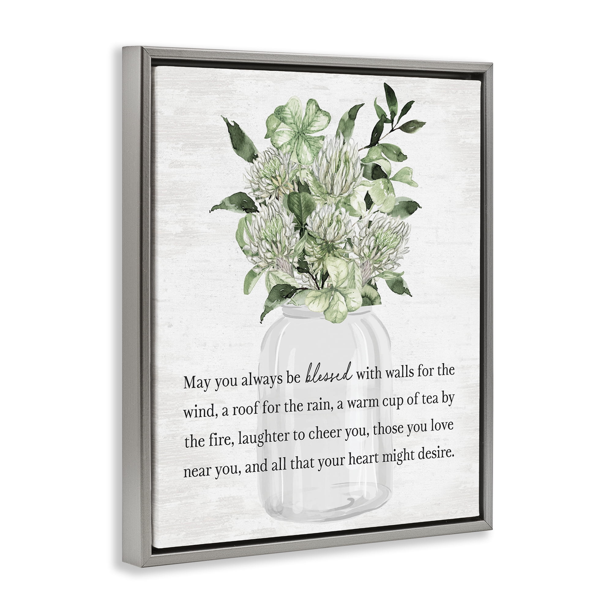 Stupell Industries Spring Floral Blessing Botanical & Floral Painting Gray Floater Framed Canvas Art Print Wall Art, 17 x 21