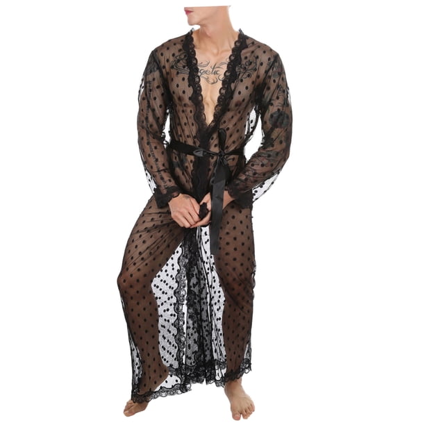 Albornoz de encaje largo para hombre, Kimono transparente, conjunto de pantalones en T con abertura, ropa interior Sexy en perspectiva Fridja nalpqowj15442