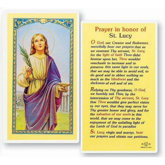 Saint Lucy Laminated Catholic Prayer Holy Card with Prayer on Back, Pack of 25