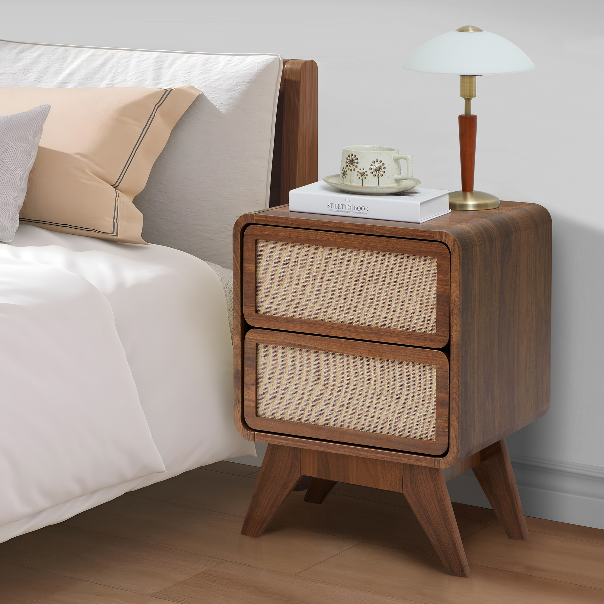 YOCWO Linen Nightstand with 2 Drawer for Bedroom, Mid Century Bedside Table with Curved Edges, Walnut, 15.75"W, 21.66"H