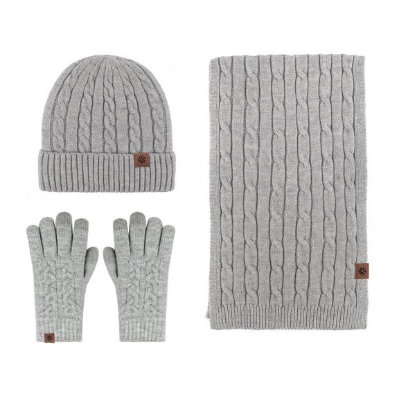 Autumn And Winter Alpaca Wool Wool Gloves Scarf Hat Three-piece Touch Screen Plus Velvet Padded Scarf Set Light Gray