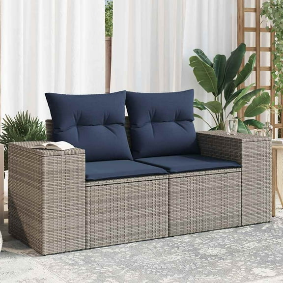 vidaXL Patio Sofa with Cushions 2-Seater Gray Poly Rattan