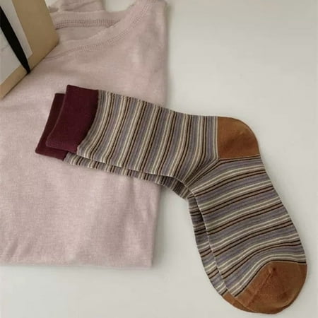 Xiao Hua 3 pairs of red striped knitted socks, color blocked striped pure cotton socks, warm and casual round neck socks, comfortable socks for daily use in cold weather, one size fits all