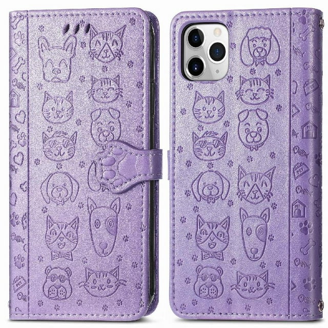 Funda Cartera FOXDOCK para iPhone 11 Pro , Flip PU con Relieve de Gatos y Perros, Tarjetero y Soporte