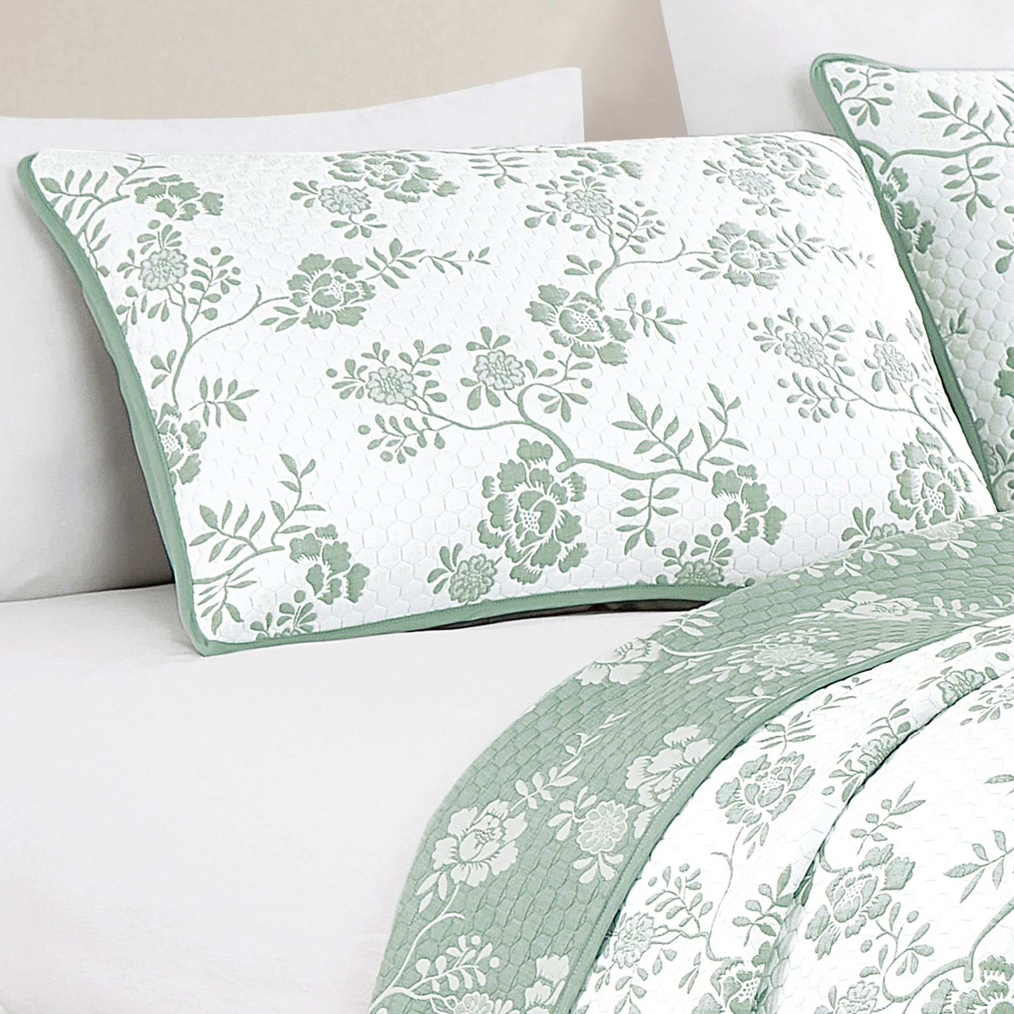 Mint Green & White Floral Pattern 3-Piece Reversible Cotton Bedspread Set,King
