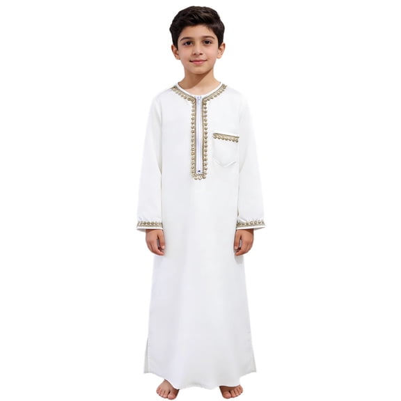 Boys Thobe Embroidered Jumpsuit Long Sleeve Casual Romper with Pockets Traditional Muslim Thobe Robe Kids White 2 Years-3 Years