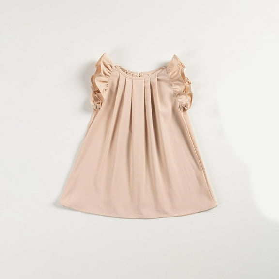 LLYWEY Girls Tunic Dresses, Toddler Baby Girl Ruffle Sleeveless Summer Dresses, Kids Solid Pleated Round Neck Loose Casual Sundress, , Beige, 5T