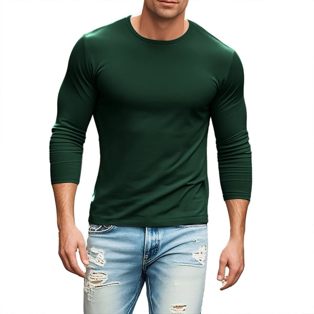 Camiseta básica informal de manga larga con degradado de color para hombre - Diseño ligero en el dobladillo, poliéster-spandex, tallas S-XXXL