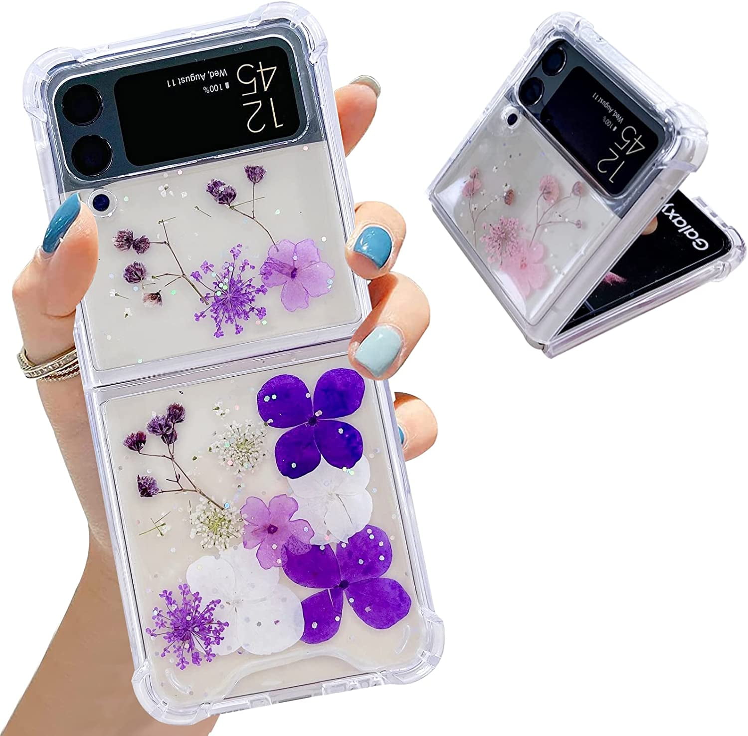 Galaxy Z Flip 4 Clear Case, Purple Flower Clear Z Flip 4 Case with Soft