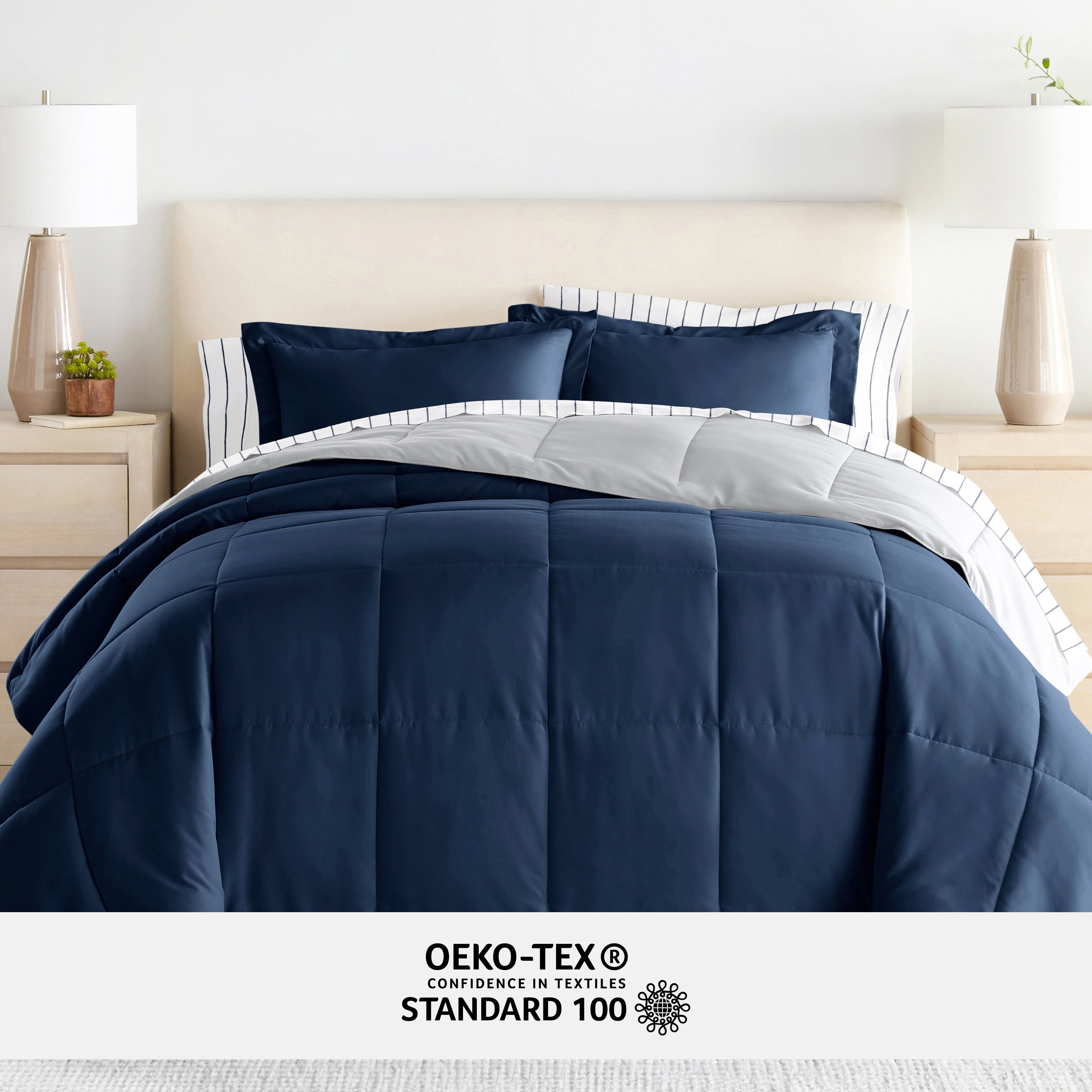 Noble Linens 5 Piece Bedding Bundle, Reversible Comforter and Patterned Sheet Set, Twin