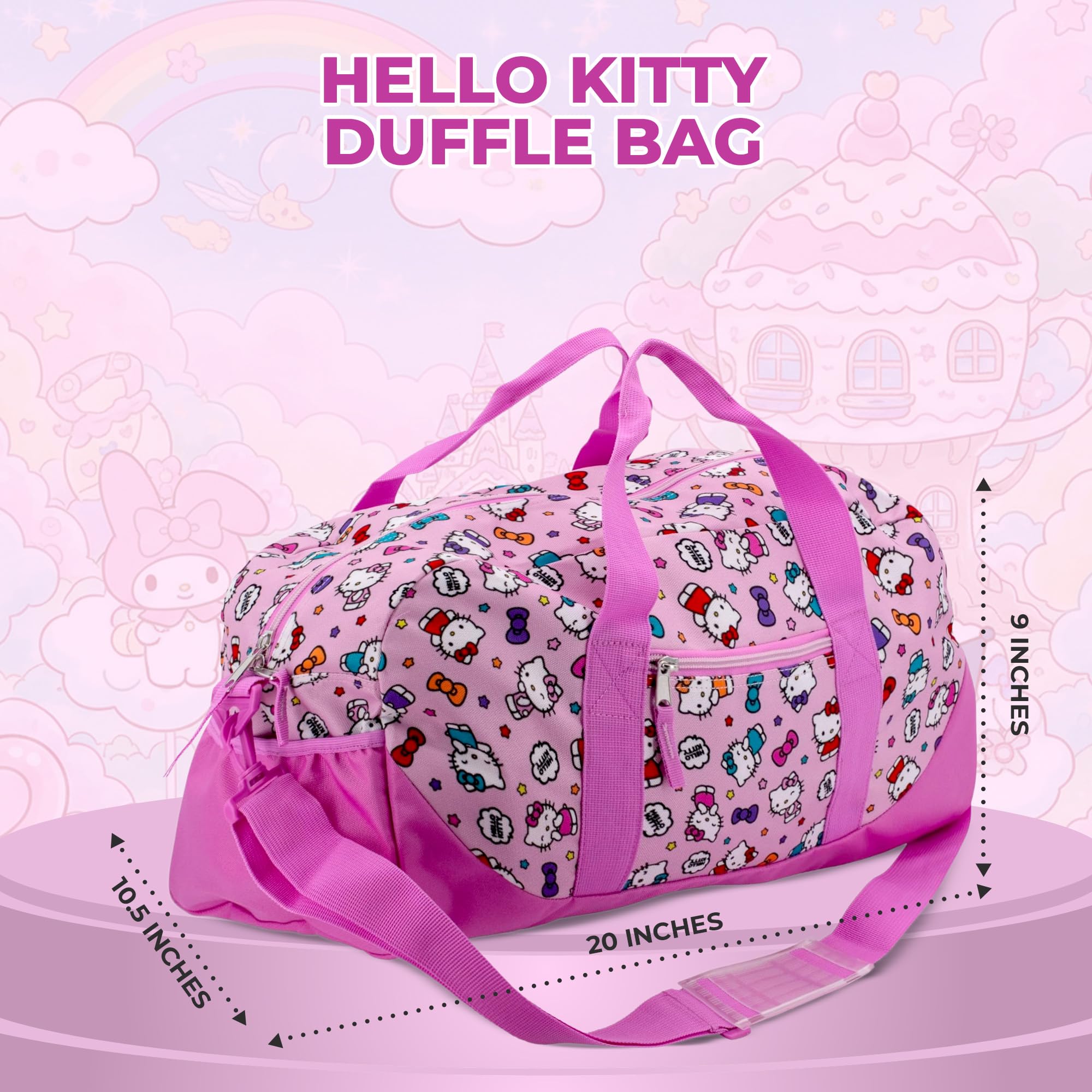 Hello Kitty Duffle Bag, 16” Travel Sleepover Bag for Girls, Weekender Bag, Pink Dance Bag