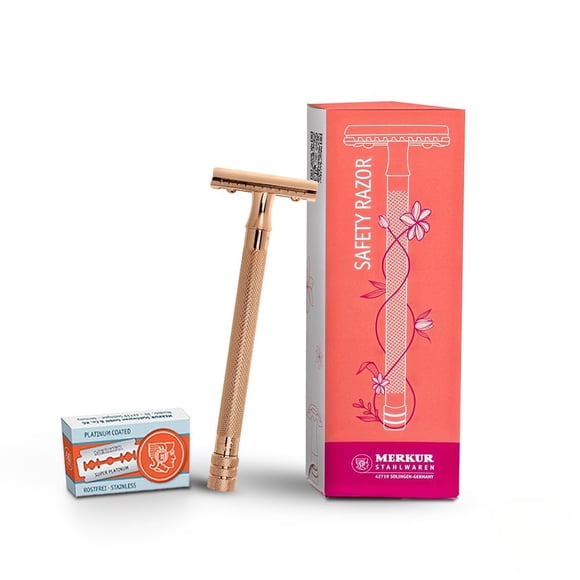 MERKUR 24G Safety Razor For Women with 10 Double Edge Blades | Extra Long Handle | Three-piece Razor | Straight Cut | Rose Gold Finish