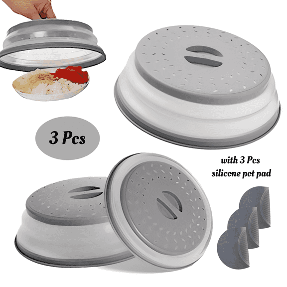 Sykixib 3-packs Collapsible Microwave Cover Set with Heat-Resistant Silicone Mats - Splatter Guard, Space Saving, Dishwasher Safe