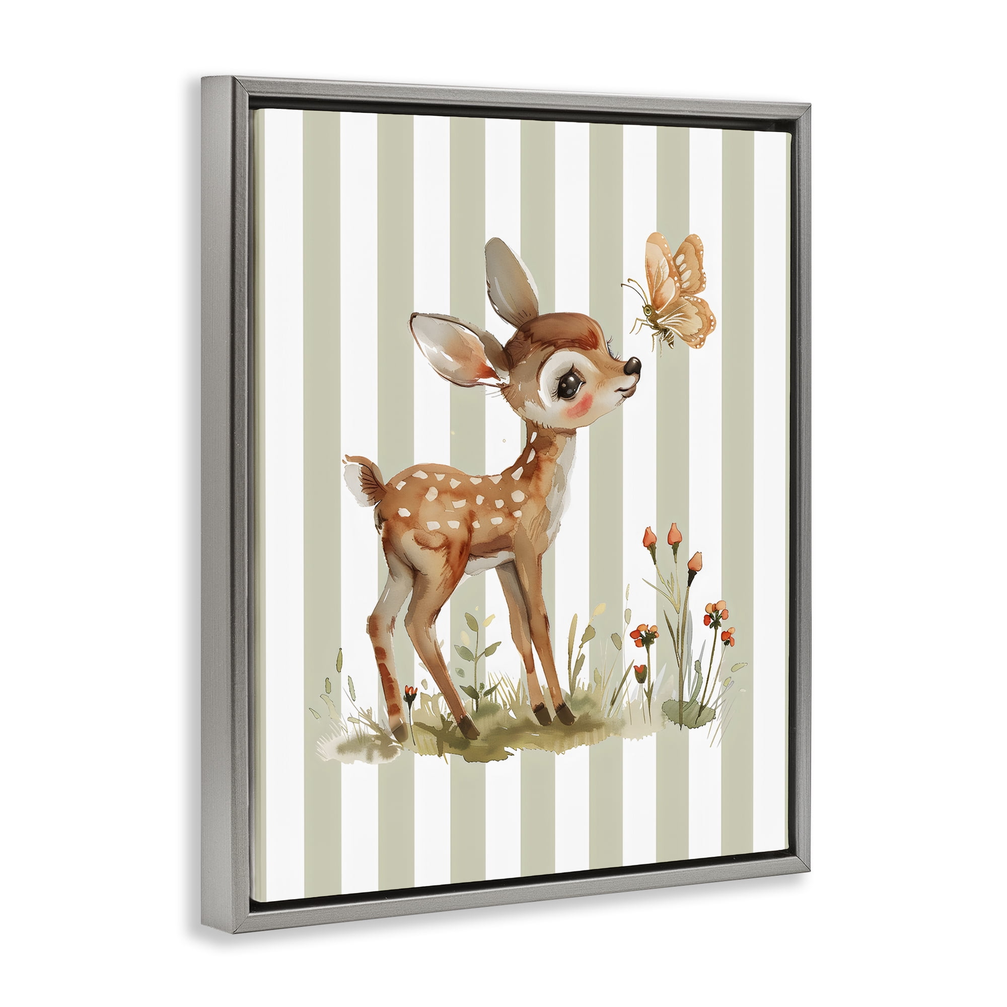 Stupell Industries Baby Deer with Butterfly Gray Framed Floater Canvas Wall Art, design by LSR Design Studio