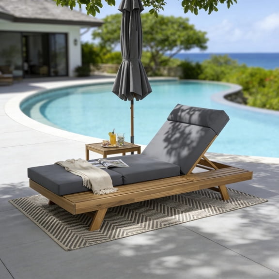 Gearwell Chaise Lounge Set, Acacia Wood Outdoor Lounger Chair with Headrest, Side Space, Light Brown Frame and 4 Inch Dark Grey 3-Fold Cushion for Patio Poolside Deck