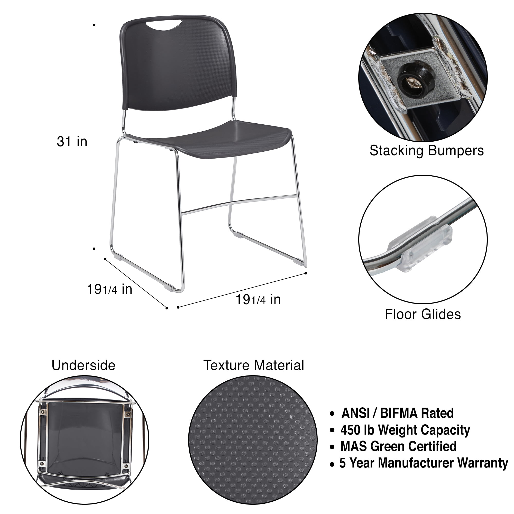 Hampden Furnishings Naomi Collection Premium Stack Chair, Gunmetal Grey, Pack of 2