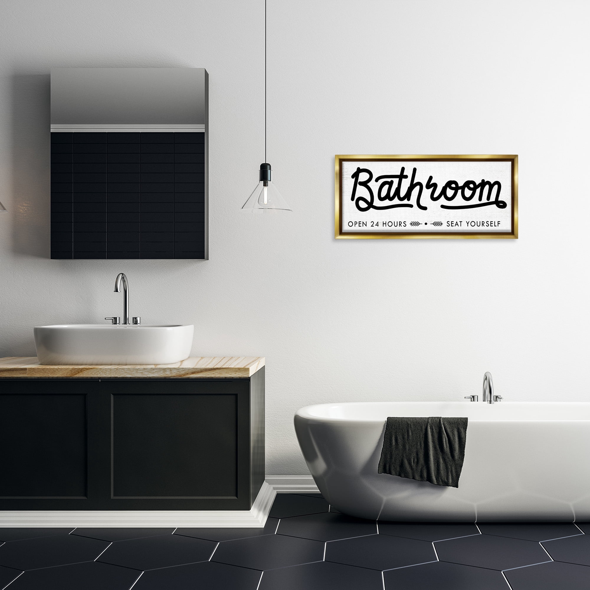 Stupell Industries Seat Yourself Bathroom Sign Typography Painting Gold Floater Framed Canvas Art Print Wall Art, 31 x 14