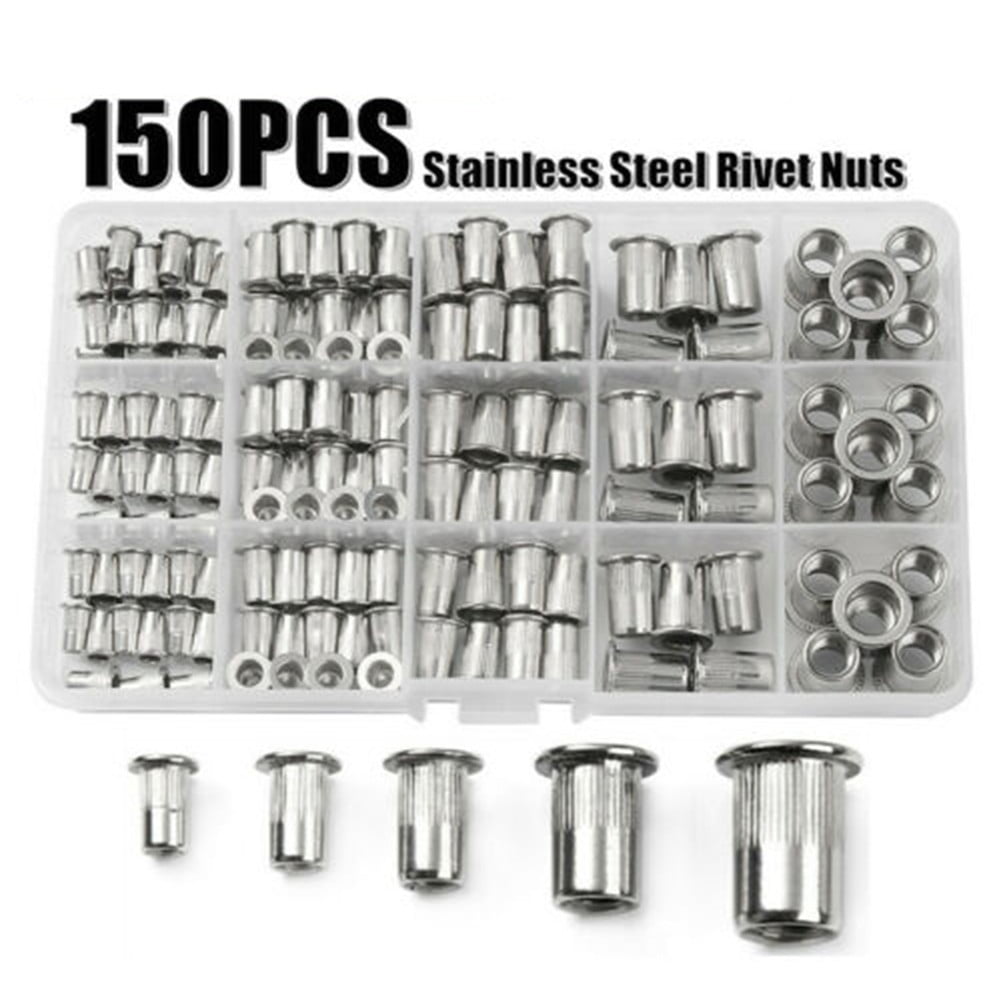 150Pcs Rivet Nuts Stainless Steel Threaded Insert Nut Nutsert Rivnuts Flat Head 