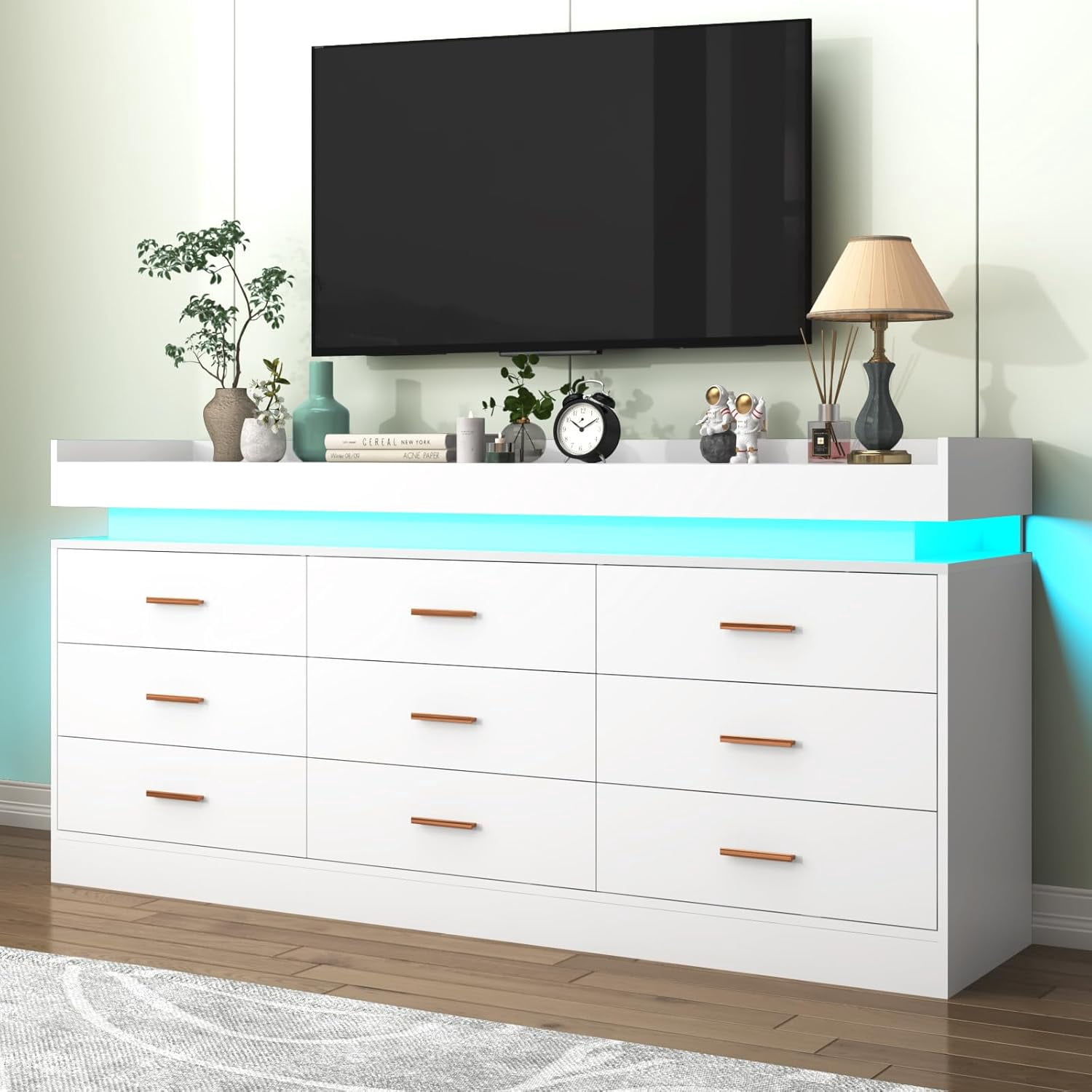 ChVans White Dresser with LED Light and Charging Station, Modern Wood Dresser with Wide Drawers and Metal Handles, 9 drawer dresser for Bedroom, Living Room, Entryway, Hallway