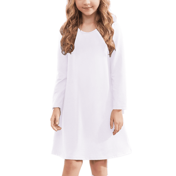 Oudiya Girls Fall Dress Kids Long Sleeve Solid Color Casual T-Shirt Dress, 4-13 Years