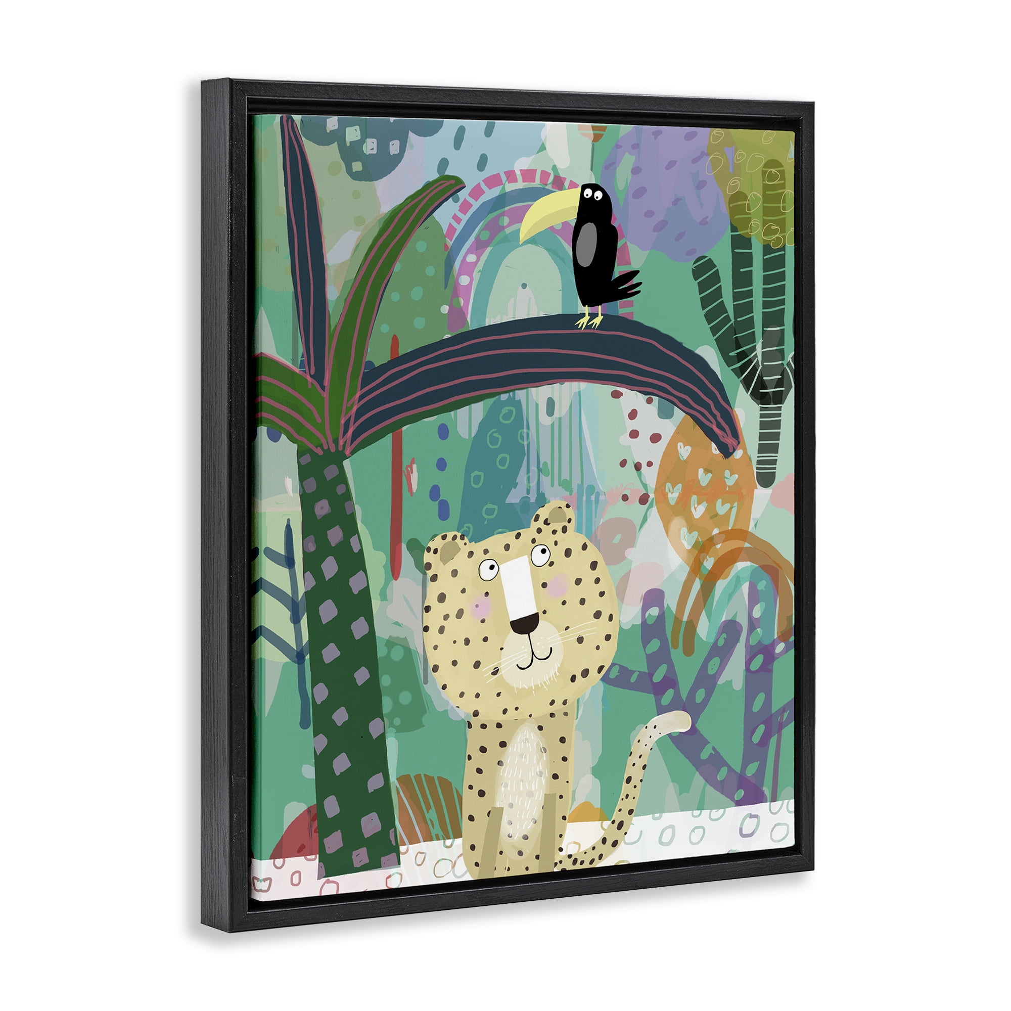 Jungle Cheetah & Toucan Black Framed Floater Canvas Wall Art, design by Carla Daly